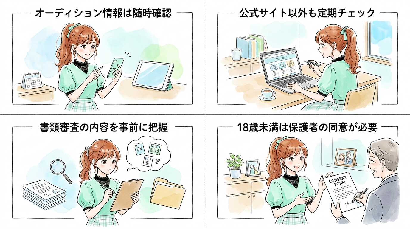 オーディションの実施頻度・選考基準・合格後の待遇を具体的に確認する
