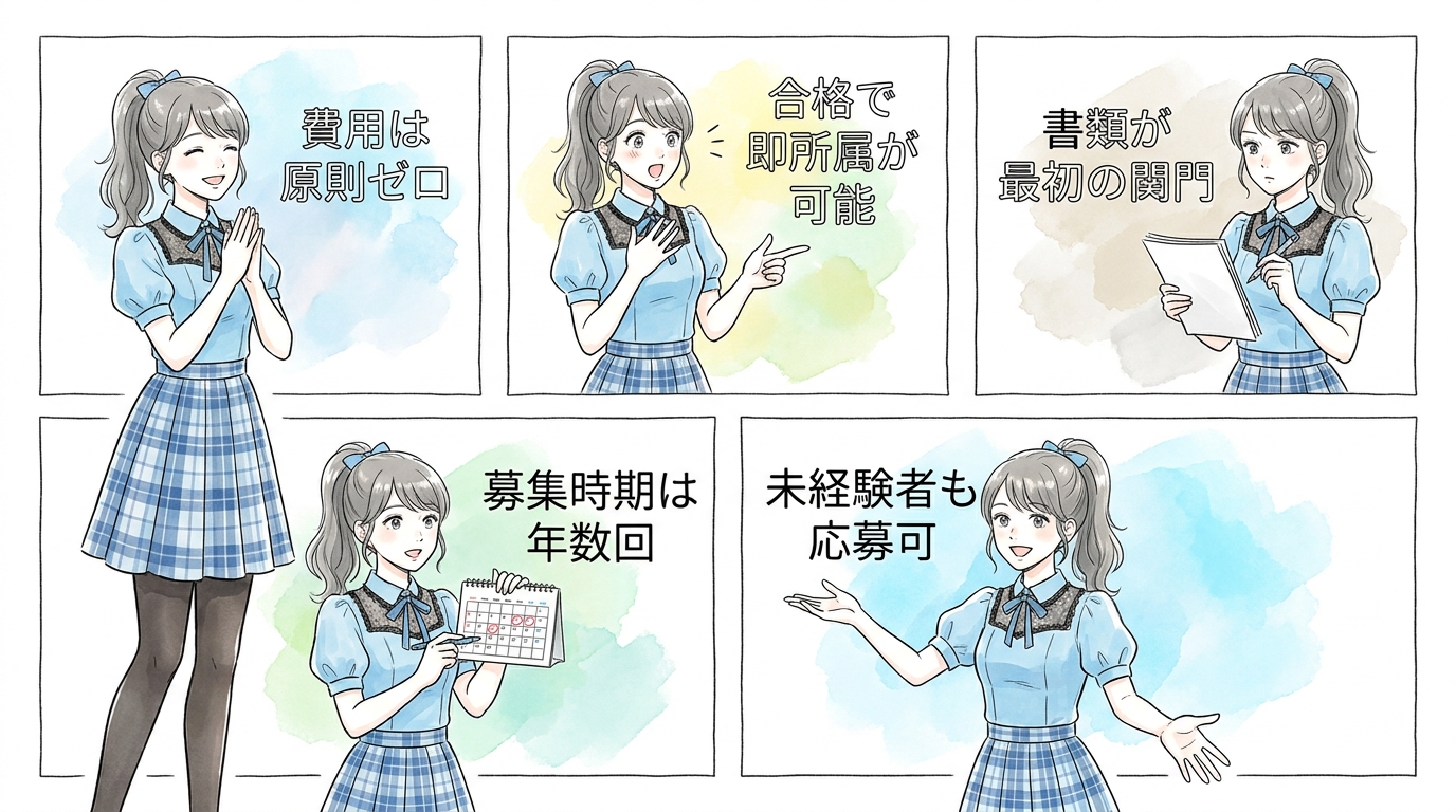 大手芸能プロダクションが開く公募オーディションは、合格すれば即所属・レッスン費無料が基本になる