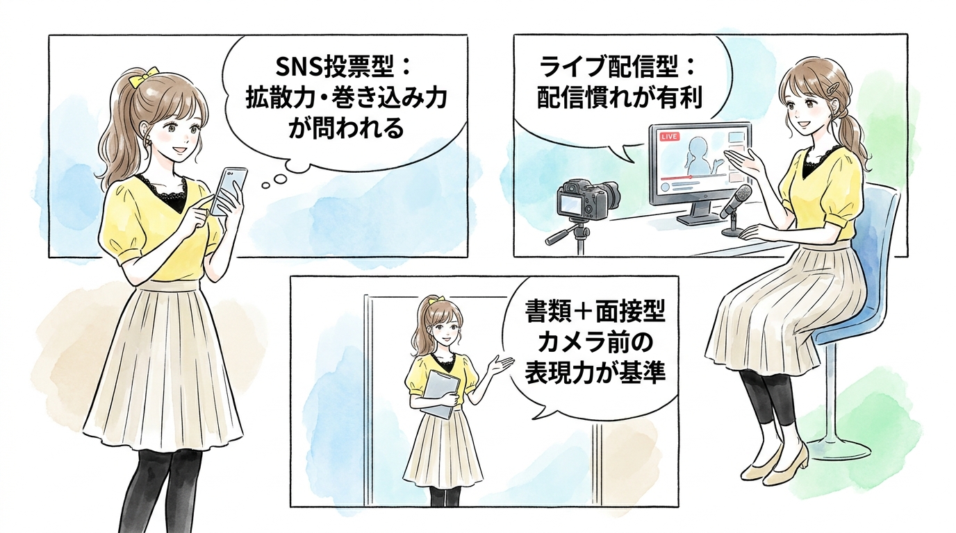 SNS審査型・ライブ配信型・オーディション型で選考の流れが変わる