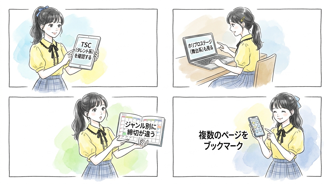 舞台・ミュージカル・ボーカル系など募集ジャンルが複数に分かれている