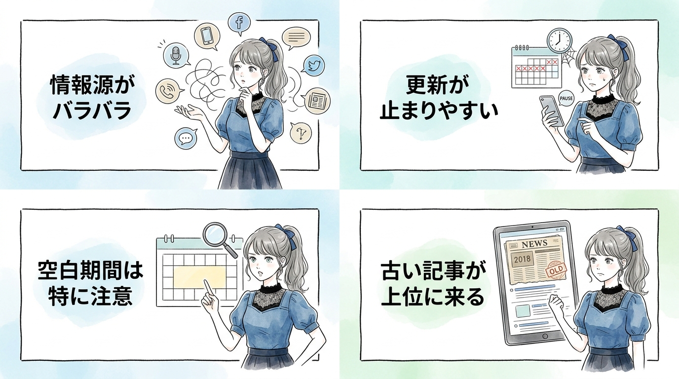 退所タレントの情報が散在していて、現在の活動がつかみにくい
